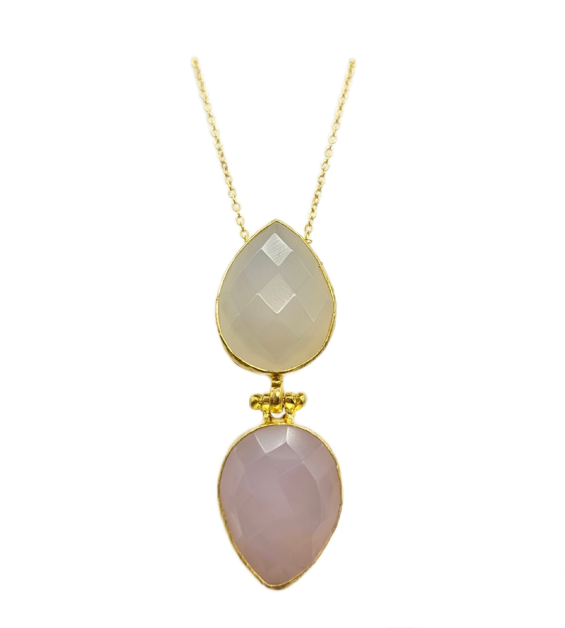21k gold plated stunning double pendant necklace boasts teardrop faceted snow quartz and rose quartz gemstones