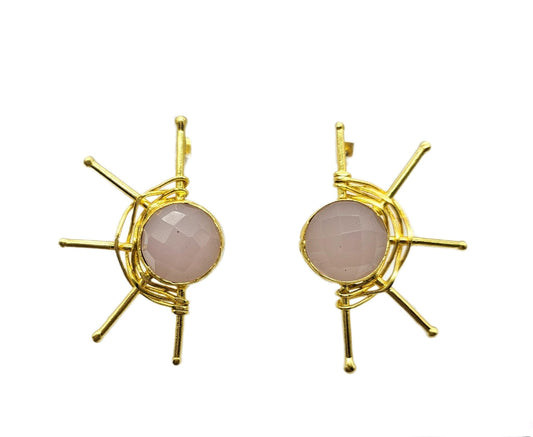 contemporary handmade 21k gold played recycled brass nest and spike earrings with rosw quartz center