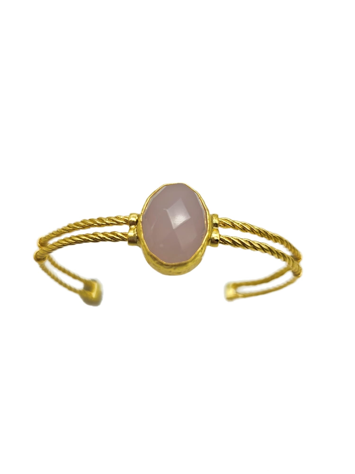 21k gold plated double cable bracelet boasts gorgeous facet round rose quartz center