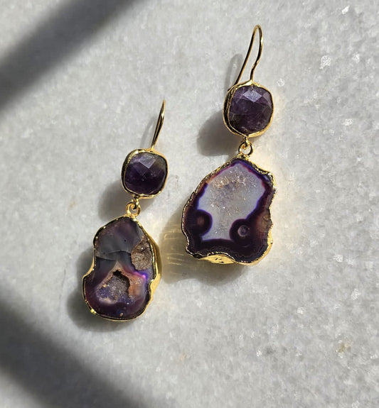 21k gold plated geode agate druzy earrings in purple