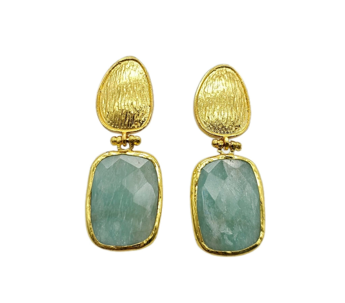 21k gold plated bold, contemporary etched gold discs attach via flexible connectors to stunning faceted rectangle amazonite