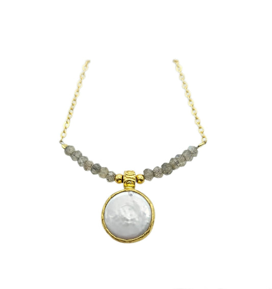 21k gold plated flat pearl necklace embossed with gray stones and gold ball embellishings