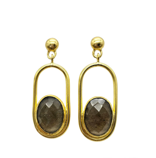 21k gold plated recycled brass oblong dangke earrings with smokey topaz at base  