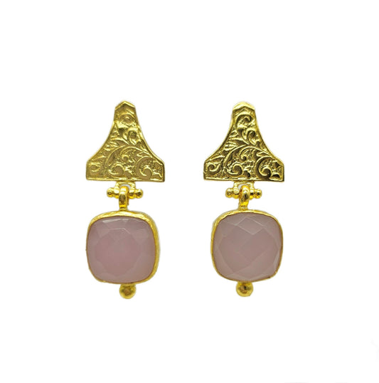 handmade 21k gold plated brass drop earrinfs have intricate scrollwork attacged to square faceted rose quartz