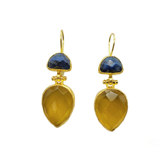21 karat gold plated recycled brass lapis and yellow agate earrings