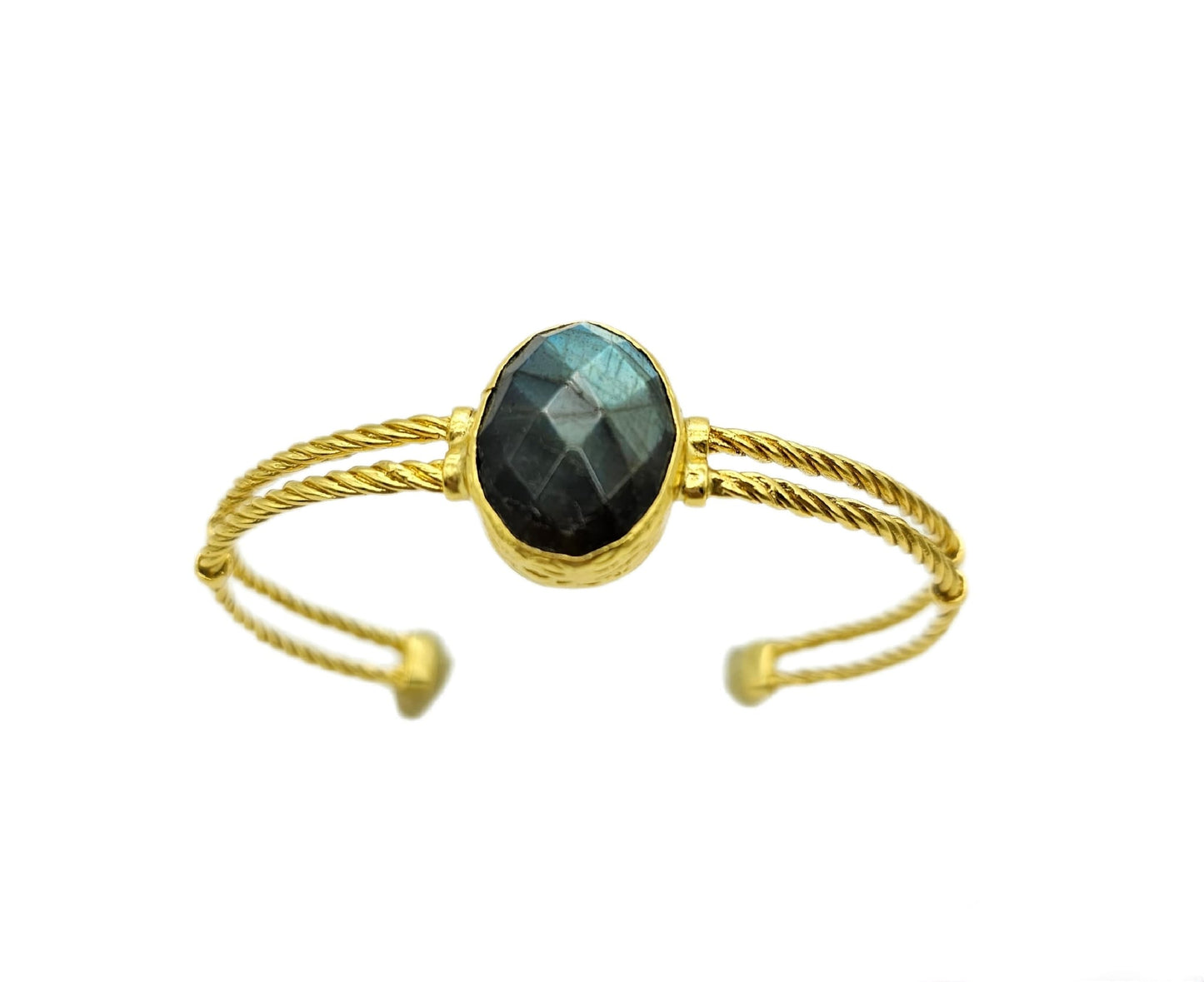 21k gold plated double cable bracelet boasts gorgeous facet round labradorite center