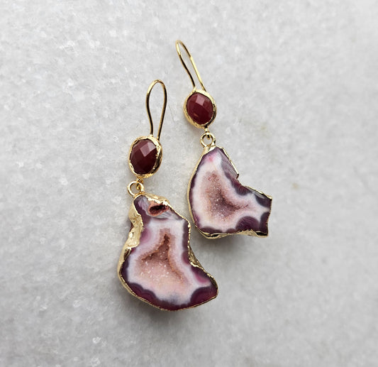 Burgundy Moss Geode Earrings