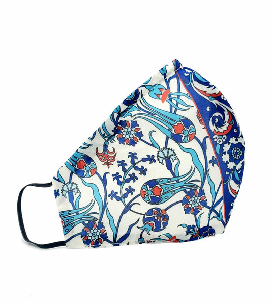 Turquoise, Blue, and Red Silk Double Layer Iznik Face Mask (Blue Center)