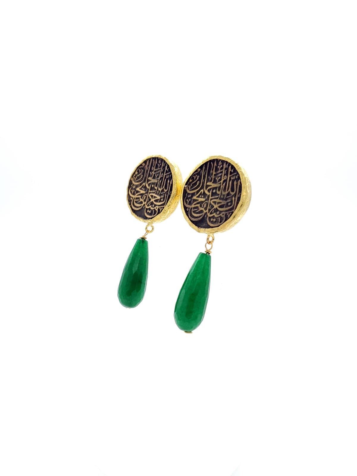 Jade Islamic Arabic Calligraphy Gold Plated Handmade Earrings